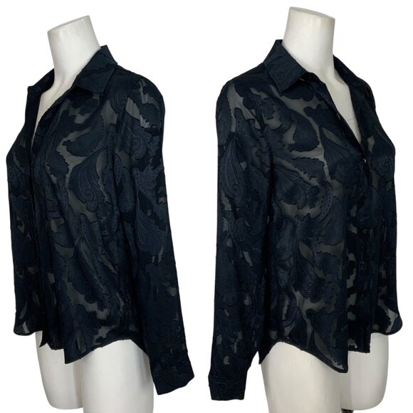 L'AGENCE Laurent Blouse XS Midnight Sheer Paisley Long Sleeve Button Front Sexy - Picture 3 of 11